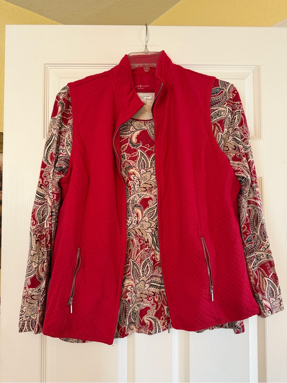 Karen Scott Red Quilted Vest with Paisley Long Sleeve Layer